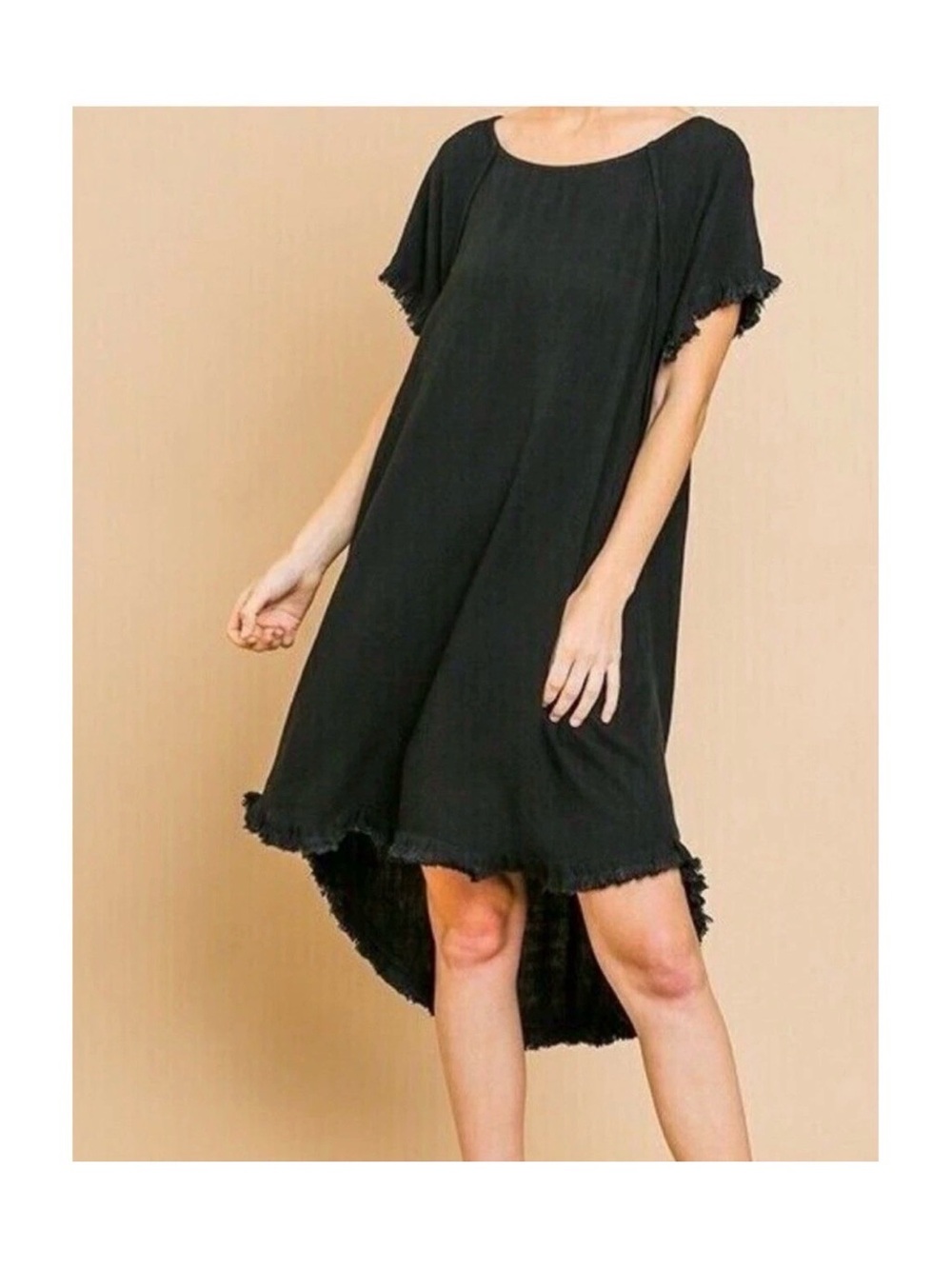 Umgee Black Short Sleeve Frayed Hem Swing Dress Linen Blend Sz Medium